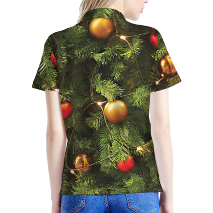 Decorated Christmas Tree Print Women's Polo Shirt