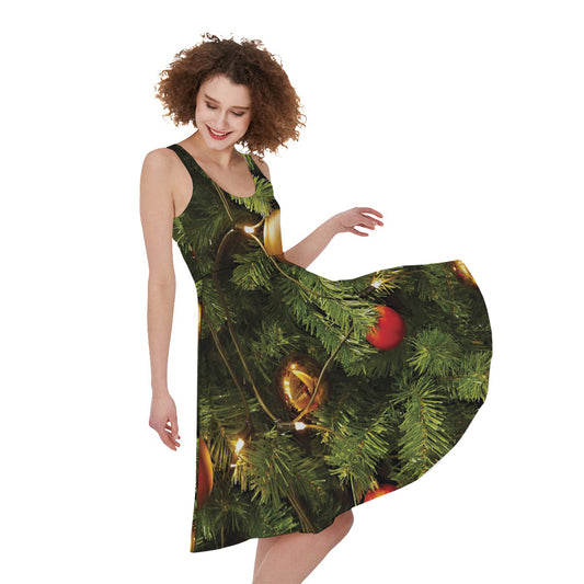 Decorated Christmas Tree Print Women's Sleeveless Dress