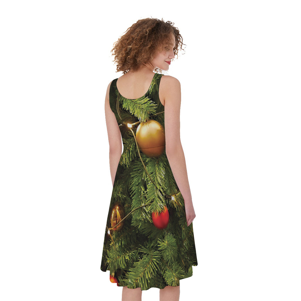 Decorated Christmas Tree Print Women's Sleeveless Dress