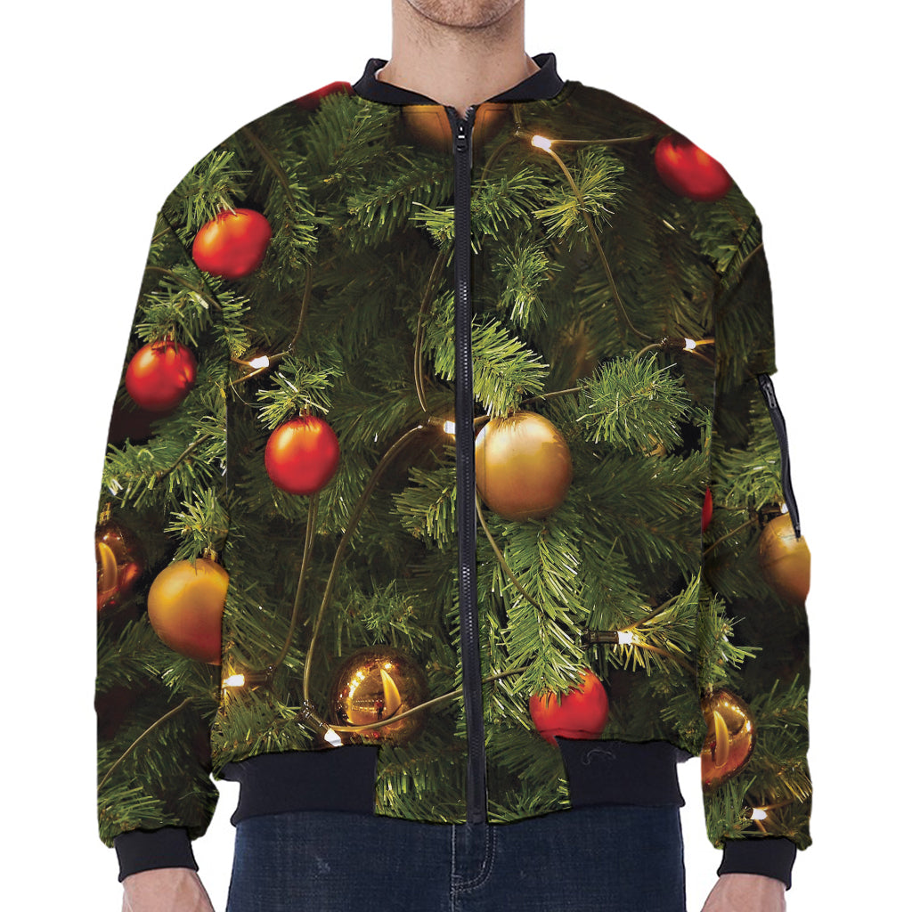 Decorated Christmas Tree Print Zip Sleeve Bomber Jacket