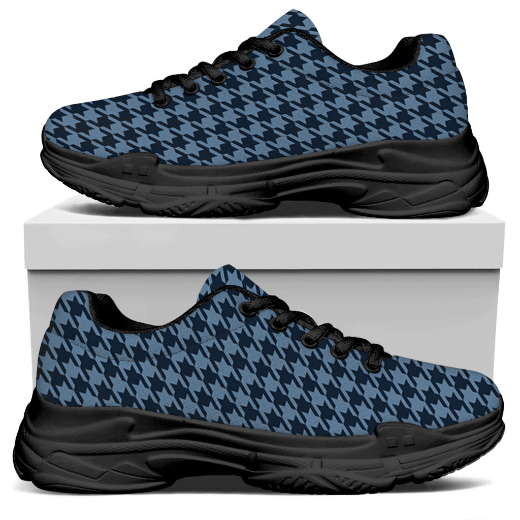 Deep Blue Houndstooth Pattern Print Black Chunky Shoes