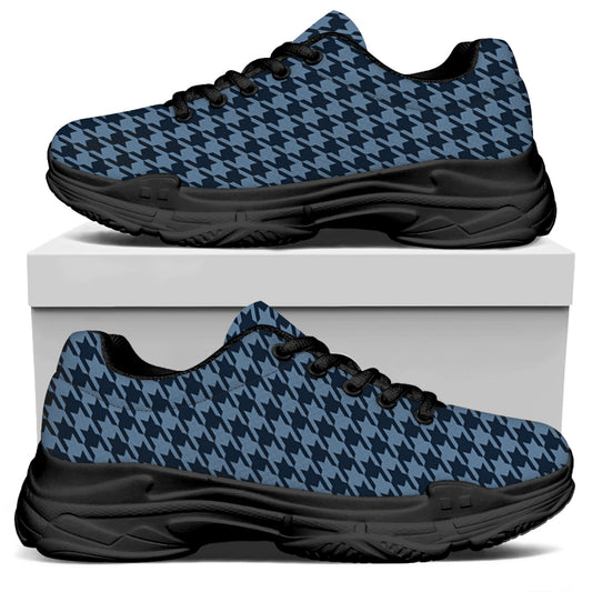 Deep Blue Houndstooth Pattern Print Black Chunky Shoes