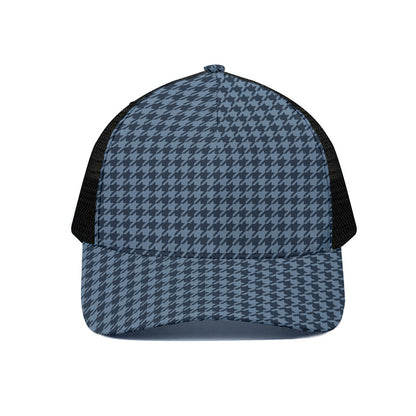Deep Blue Houndstooth Pattern Print Black Mesh Trucker Cap