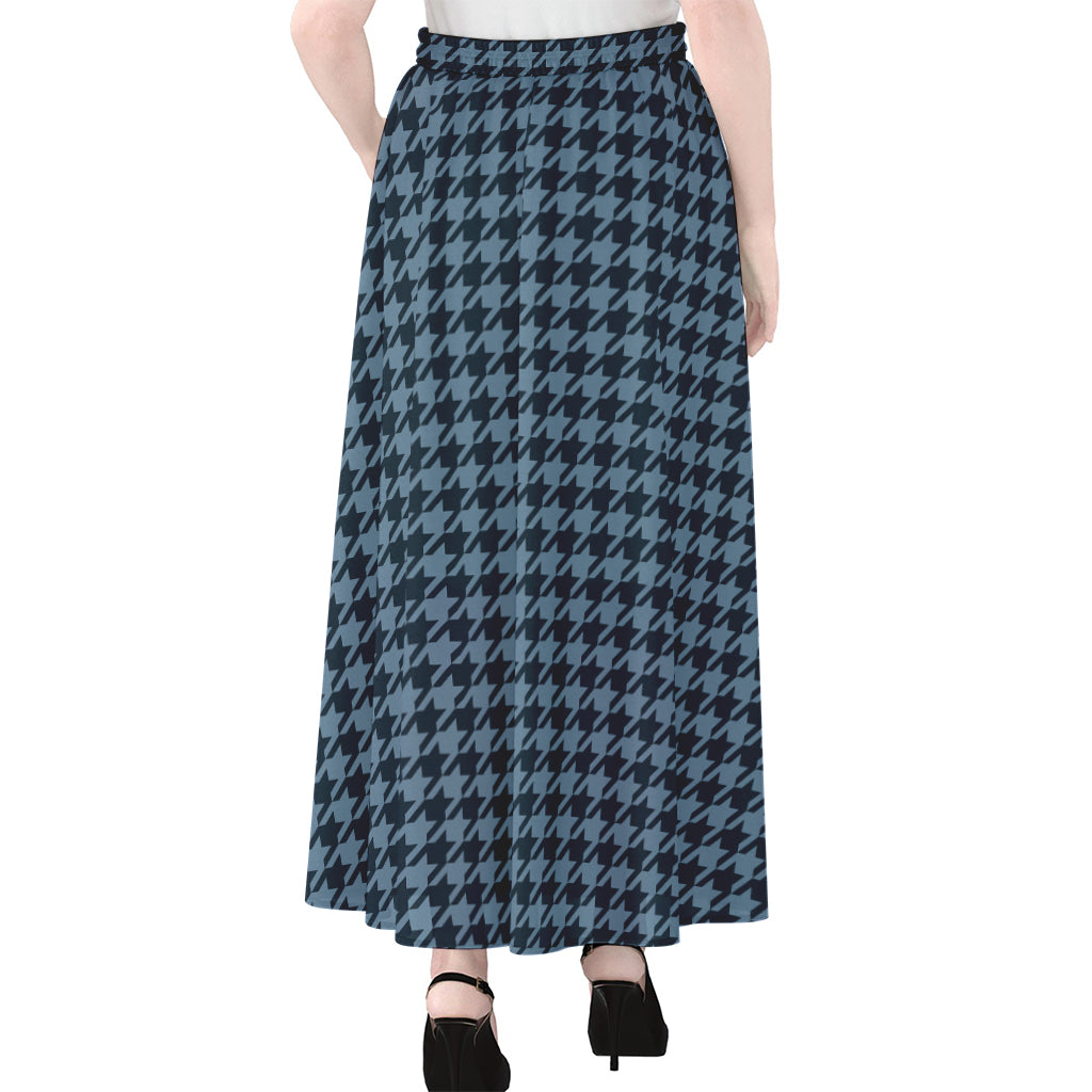 Deep Blue Houndstooth Pattern Print Chiffon Maxi Skirt
