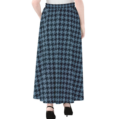 Deep Blue Houndstooth Pattern Print Chiffon Maxi Skirt