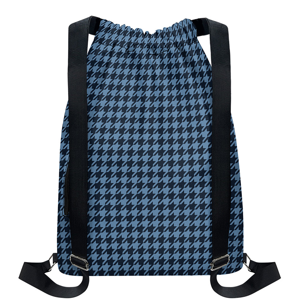Deep Blue Houndstooth Pattern Print Drawstring Backpack