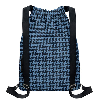 Deep Blue Houndstooth Pattern Print Drawstring Backpack