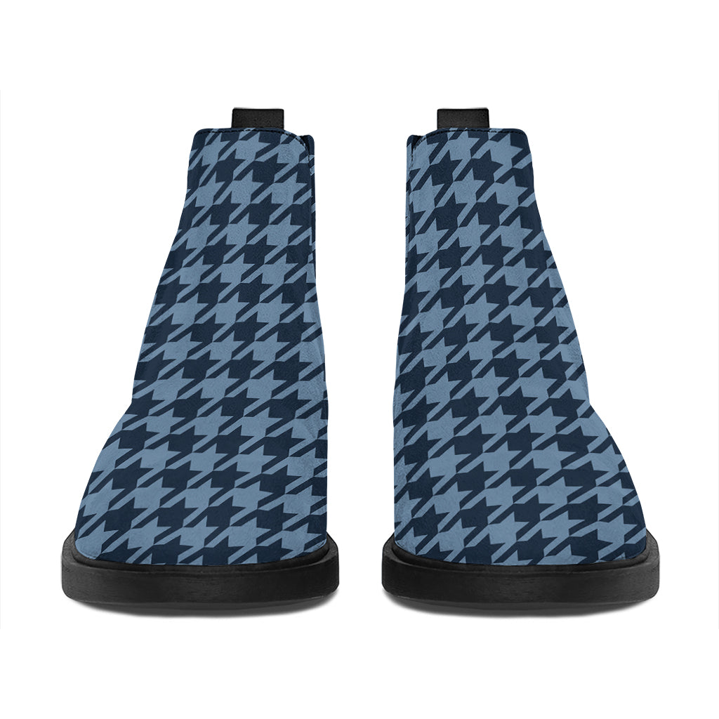 Deep Blue Houndstooth Pattern Print Flat Ankle Boots