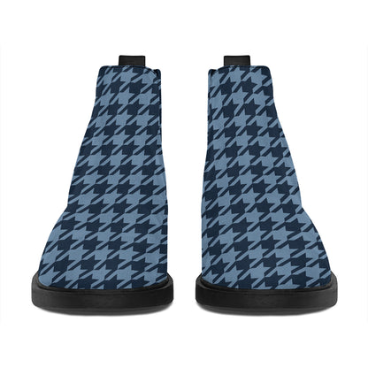 Deep Blue Houndstooth Pattern Print Flat Ankle Boots