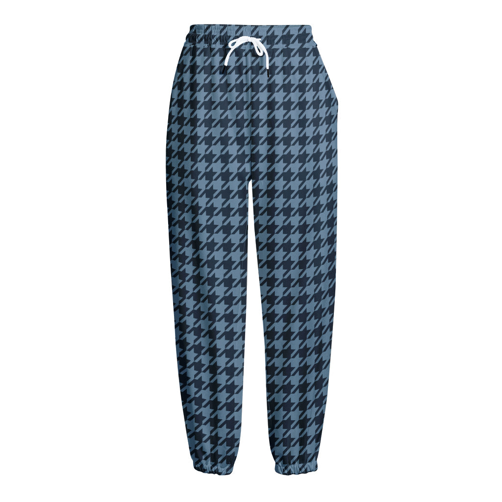 Deep Blue Houndstooth Pattern Print Fleece Lined Knit Pants