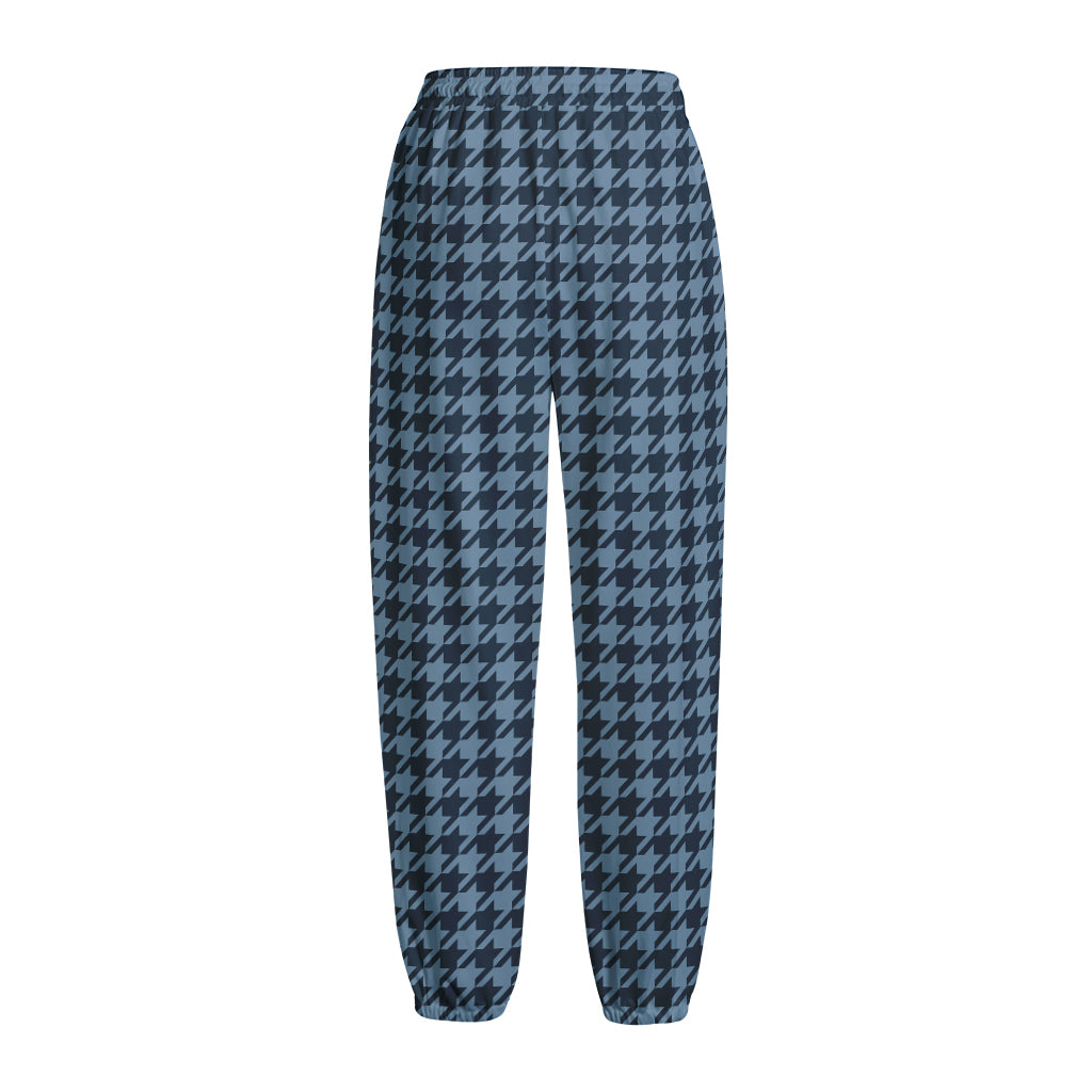 Deep Blue Houndstooth Pattern Print Fleece Lined Knit Pants