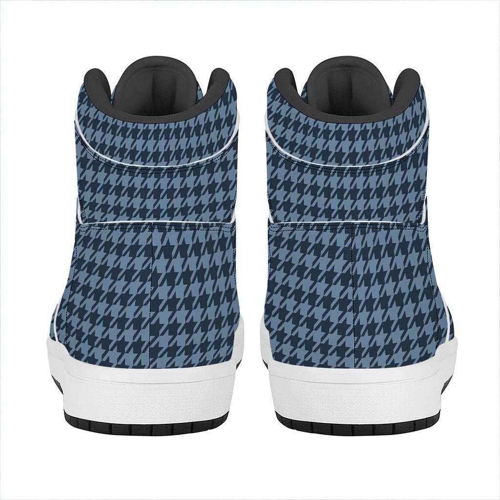 Deep Blue Houndstooth Pattern Print High Top Leather Sneakers