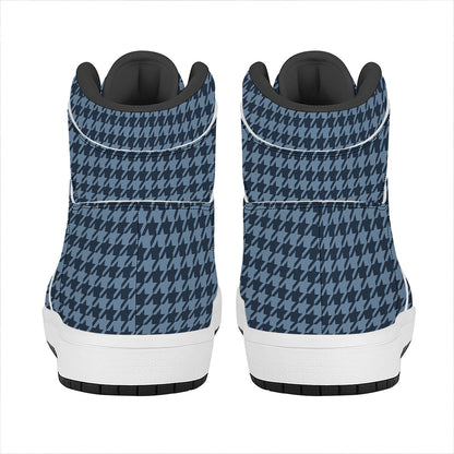 Deep Blue Houndstooth Pattern Print High Top Leather Sneakers