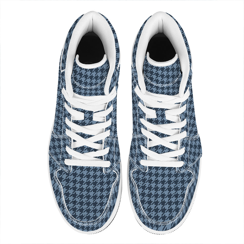 Deep Blue Houndstooth Pattern Print High Top Leather Sneakers