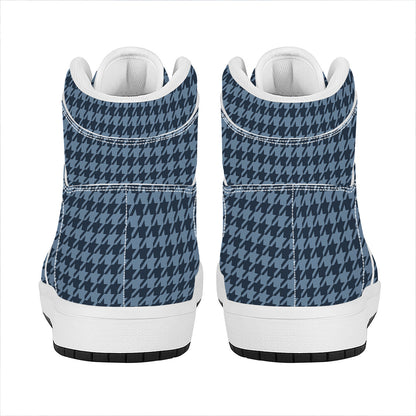 Deep Blue Houndstooth Pattern Print High Top Leather Sneakers