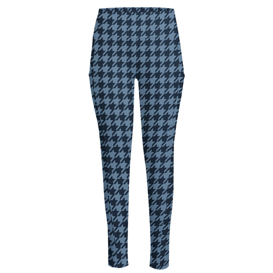 Deep Blue Houndstooth Pattern Print High-Waisted Pocket Leggings