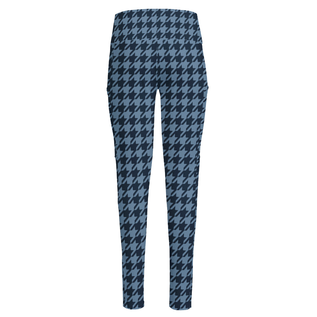 Deep Blue Houndstooth Pattern Print High-Waisted Pocket Leggings