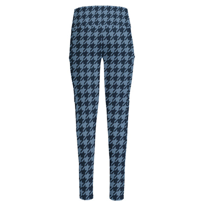 Deep Blue Houndstooth Pattern Print High-Waisted Pocket Leggings