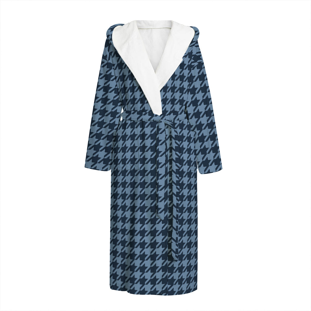 Deep Blue Houndstooth Pattern Print Hooded Bathrobe