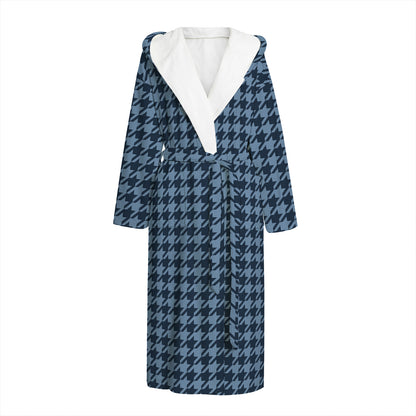 Deep Blue Houndstooth Pattern Print Hooded Bathrobe