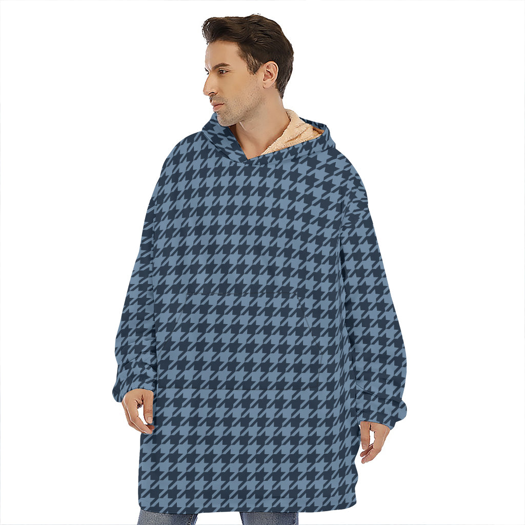 Deep Blue Houndstooth Pattern Print Hoodie Blanket