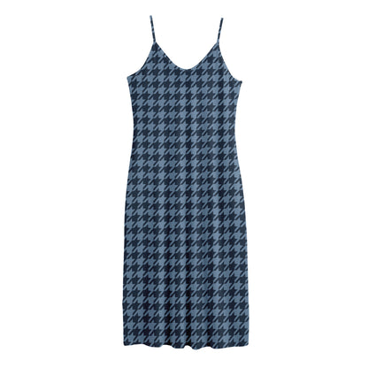 Deep Blue Houndstooth Pattern Print Jersey Midi Cami Dress