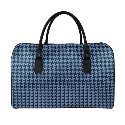 Deep Blue Houndstooth Pattern Print Leather Duffle Bag