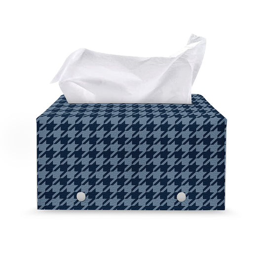 Deep Blue Houndstooth Pattern Print Leather Tissue Box Cover