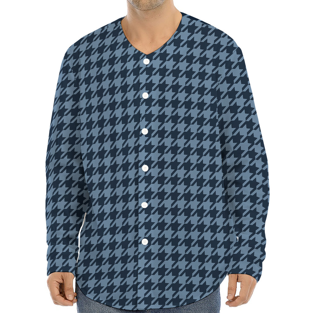 Deep Blue Houndstooth Pattern Print Long Sleeve Baseball Jersey