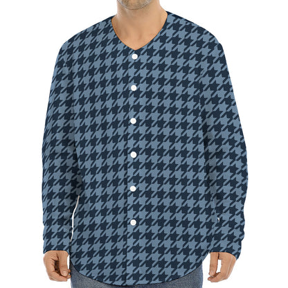 Deep Blue Houndstooth Pattern Print Long Sleeve Baseball Jersey