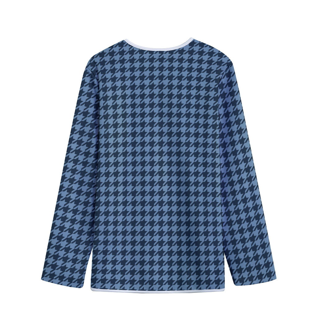 Deep Blue Houndstooth Pattern Print Long Sleeve Short Coat