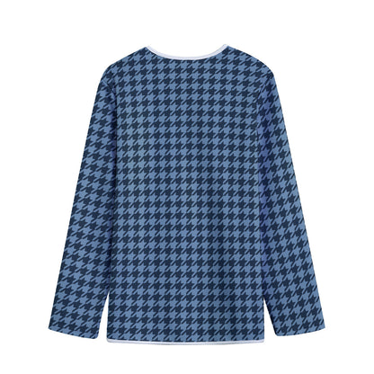 Deep Blue Houndstooth Pattern Print Long Sleeve Short Coat