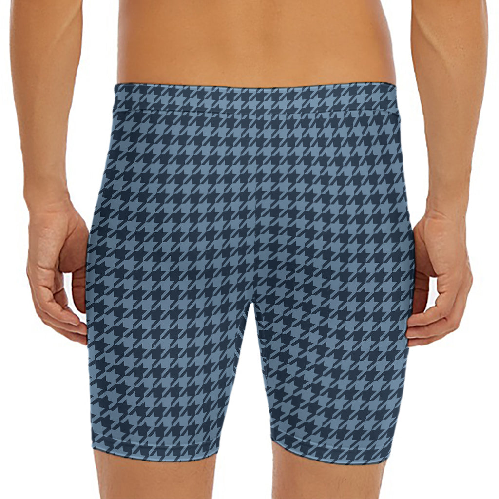 Deep Blue Houndstooth Pattern Print Men's Long Boxer Briefs
