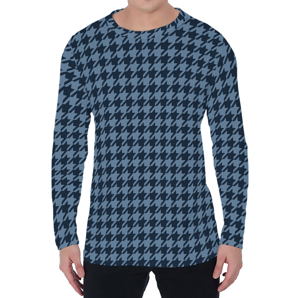 Deep Blue Houndstooth Pattern Print Men's Long Sleeve T-Shirt