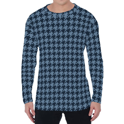 Deep Blue Houndstooth Pattern Print Men's Long Sleeve T-Shirt