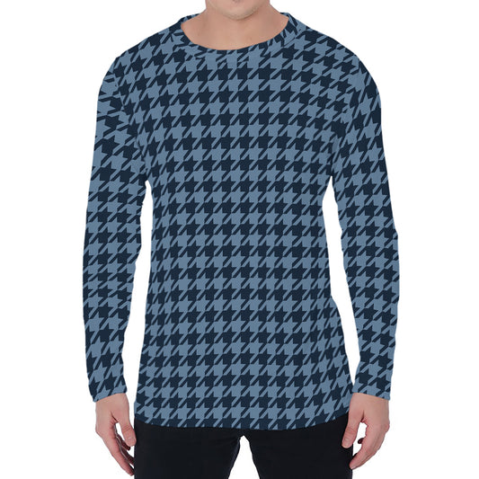 Deep Blue Houndstooth Pattern Print Men's Long Sleeve T-Shirt