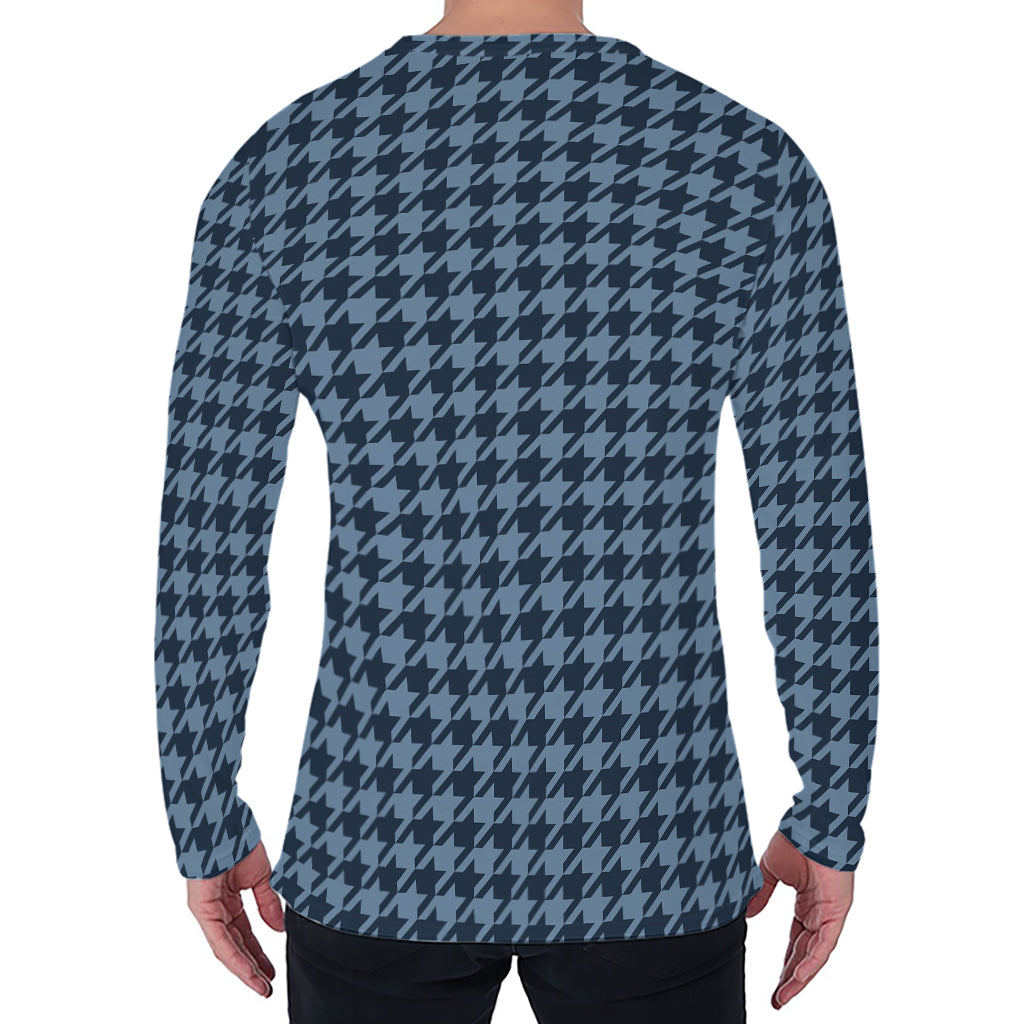Deep Blue Houndstooth Pattern Print Men's Long Sleeve T-Shirt