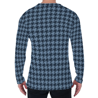 Deep Blue Houndstooth Pattern Print Men's Long Sleeve T-Shirt