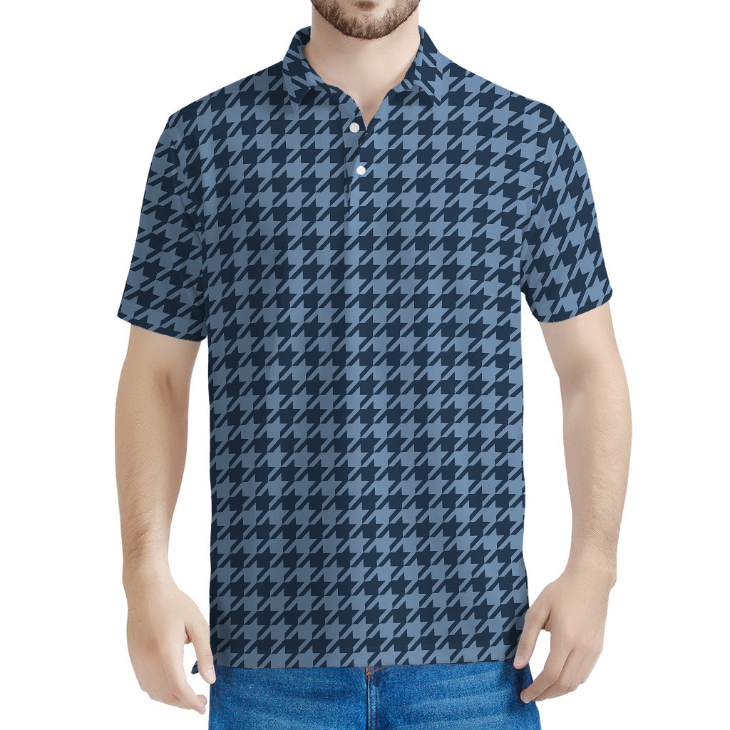 Deep Blue Houndstooth Pattern Print Men's Polo Shirt
