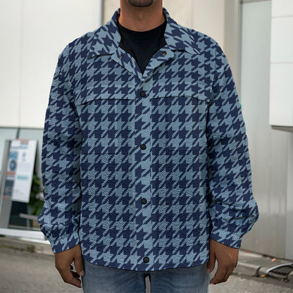 Deep Blue Houndstooth Pattern Print Men's Shirt Jacket