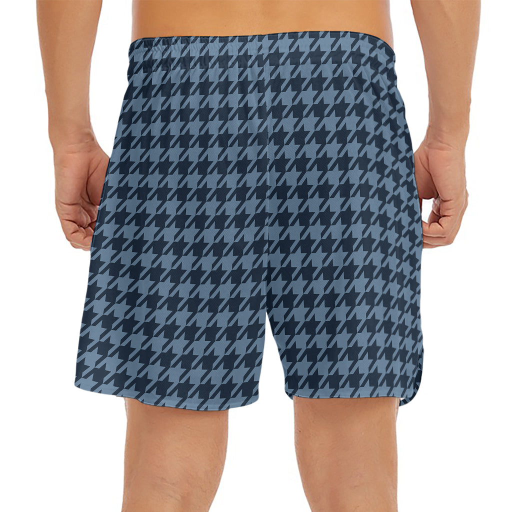 Deep Blue Houndstooth Pattern Print Men's Split Running Shorts
