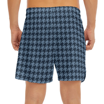 Deep Blue Houndstooth Pattern Print Men's Split Running Shorts