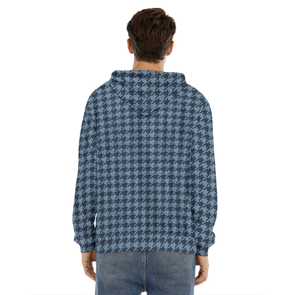 Deep Blue Houndstooth Pattern Print Men's Velvet Pullover Hoodie