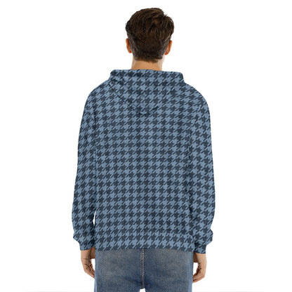 Deep Blue Houndstooth Pattern Print Men's Velvet Pullover Hoodie