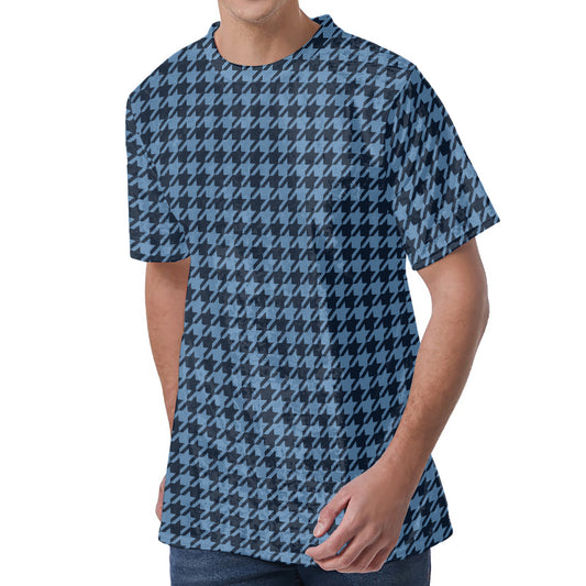 Deep Blue Houndstooth Pattern Print Men's Velvet T-Shirt