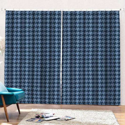 Deep Blue Houndstooth Pattern Print Pencil Pleat Curtains