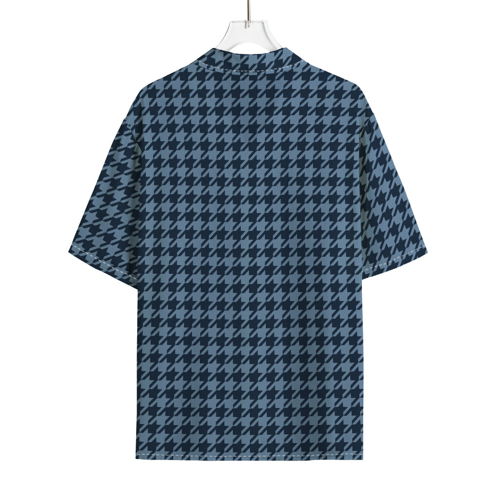 Deep Blue Houndstooth Pattern Print Rayon Hawaiian Shirt