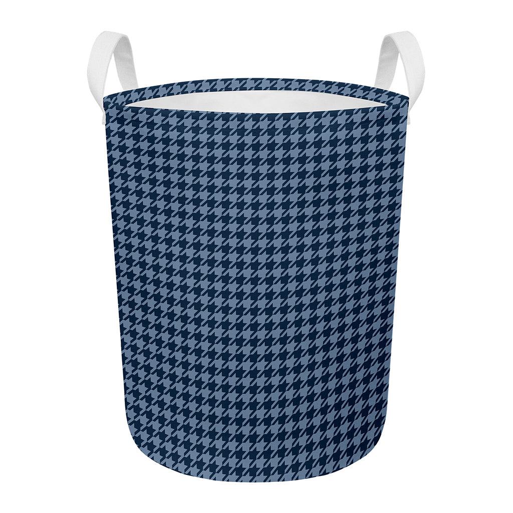 Deep Blue Houndstooth Pattern Print Round Laundry Basket