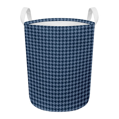 Deep Blue Houndstooth Pattern Print Round Laundry Basket