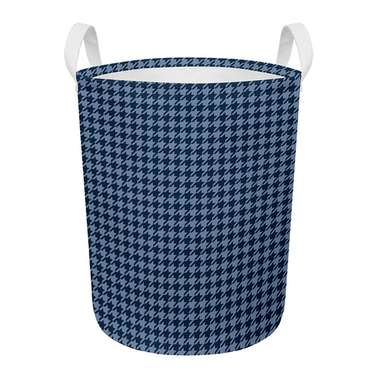 Deep Blue Houndstooth Pattern Print Round Laundry Basket